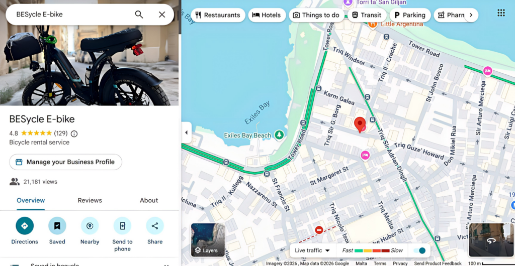 BESycle E-Bike Rental Store in Sliema Malta- Location at Triq II-Creche SLM 1055. Contact us at +356 99574982